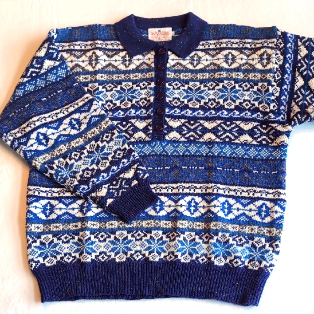 Vintage Beldoch Popper Blue & White Fair Isle Sweater Women's Size Large